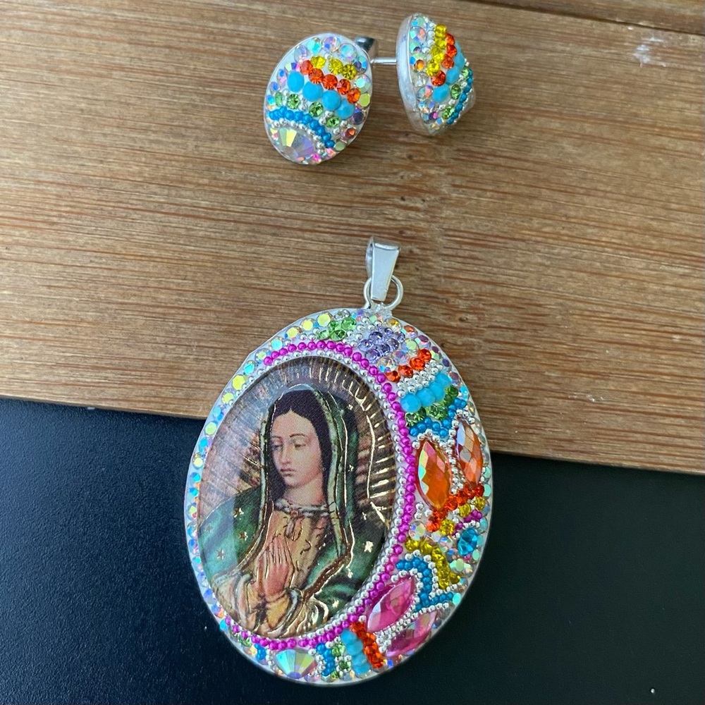 Real 925 Sterling Silver Virgin Of Guadalupe Pendant and earrings Handmade - Picture 2 of 9